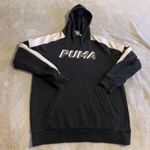 Puma Hoodie Mens Small Black & Beige Colorblock Pullover Sweatshirt Graphic Logo